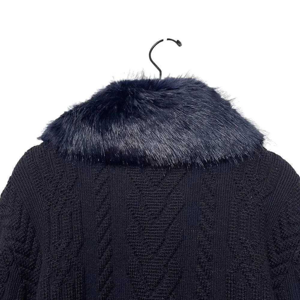 TORY BURCH Contraire Merino Wool Cable Knit Faux Fur Sweater Bomber Jacket XL